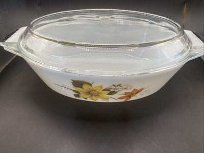 JAJ Pyrex Vintage Blumenmuster Oval Glas Deckel Auflaufform. Keine Chips sehr guter Zustand