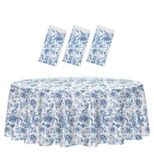 3 Pack Blue Floral Tablecloth Disposable 84 x 84 Inch Blue and White Floral Plas