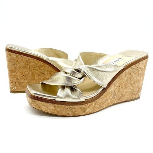 Jimmy Choo Womens EU41 Narisa Gold Metallic Cork Wedge Sandal Square Toe Leather