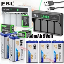 EBL 600mAh 9V Rechargeable Batteries 9 Volt Lithium Ion Battery / Charger Lot