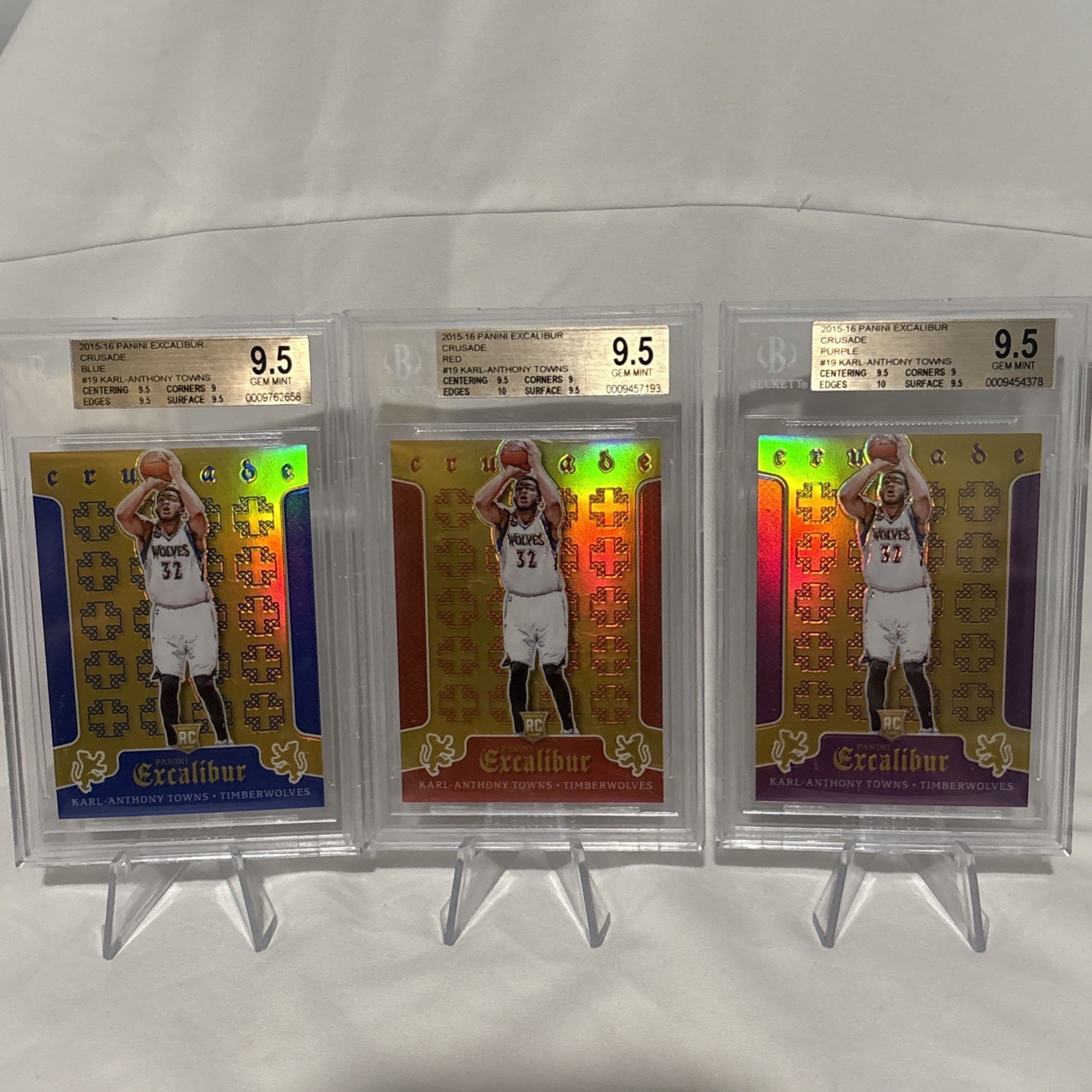 2015 Panini Excalibur Crusade K.A.T. #19 (3)  BLUE, RED,& PURPLE all 9.5 BECKETT