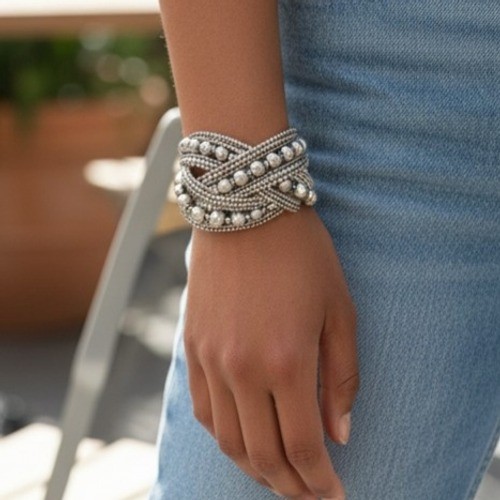 Boho Silver Tone Multi Strand Bead Open Cuff Bracelet Wide Statement Adjustable