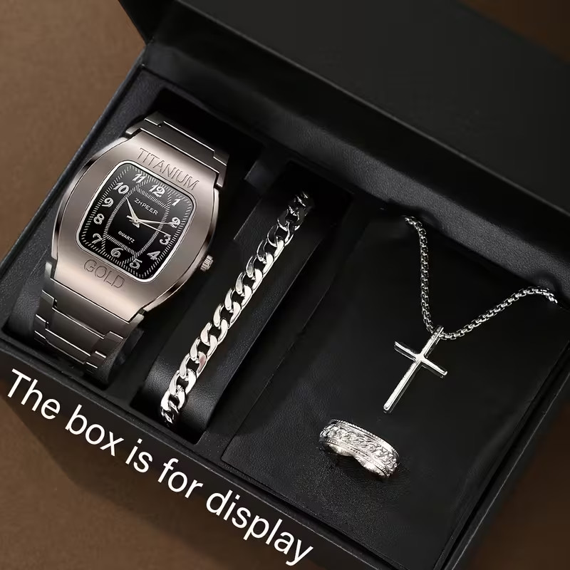 Juego de 4 piezas de reloj analógico de cuarzo de aleación para hombre deportivo y 3 piezas