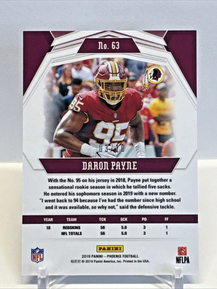 2019 Panini Phoenix Black /10 Daron Payne #63 - Image 3 of 4