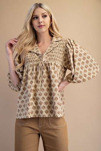 Gigio by Umgee Ecru Printed  Blouse 3/4 Puff Sleeves Smocked Bodice