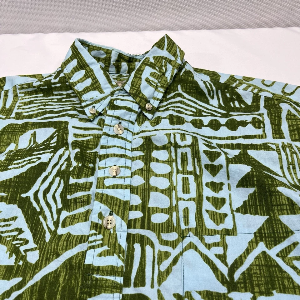 Винтажная рубашка Hilo Hattie L сине-зеленая ацтекская геометрическая гавайская сделано в США на пуговицах - Изображение 2 из 4