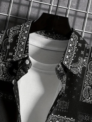 Men's Black Paisley Short Sleeve Patterned Button Up Shirt Smart Casual Wear - Picture 4 of 5
