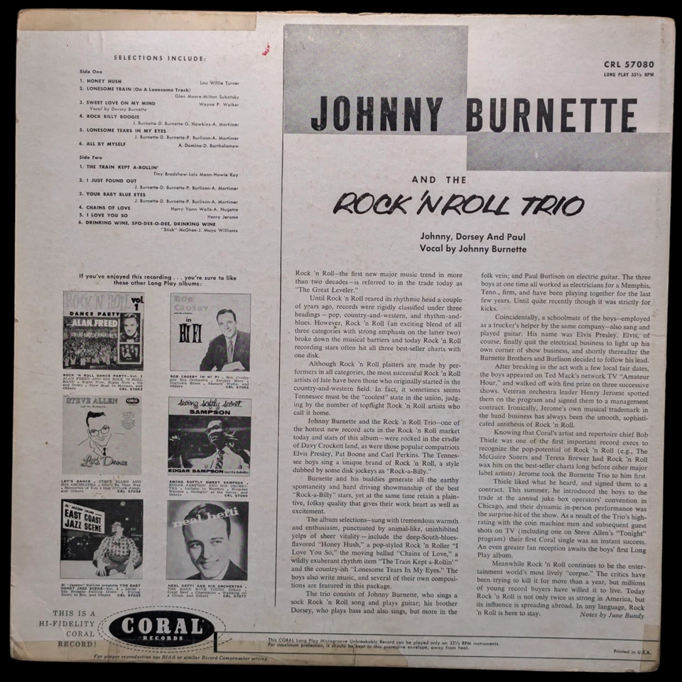 Johnny Burnette And The Rock N Roll Trio CRL 57080, 1st pressing, Mono, US, 1956 Foto 2 de 4