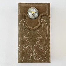 Men Cody James Bifold Leather Checkbook Wallet Brown Western Stitch Bull Concho 