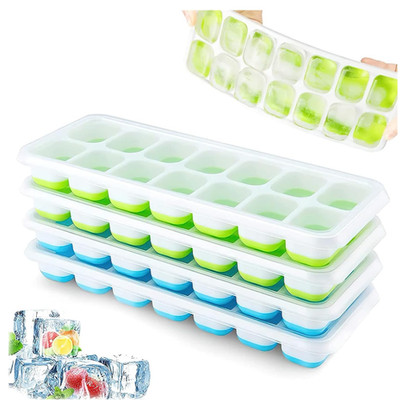 Eiswuerfelform Silikon 4er Pack mit Deckel stapelbar quadratisch BPA frei LFGB