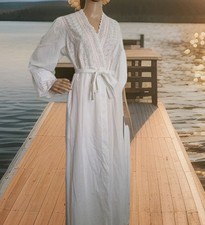 Vintage Night Flowers Robe Womens Medium White Wrap Long sleeve Maxi Cotton Poly