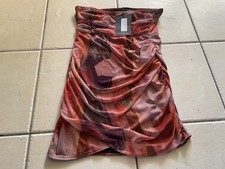 Pretty Little Thing Dress Orange Abstract Bandeau Ruched Bodycon Size L /14