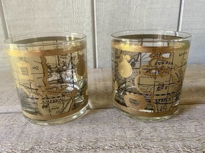 Vintage MCM Cera  The World  Map Double Old-Fashioned Glasses 22kt Gold Set/2