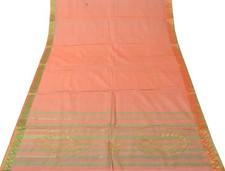Sushila Vintage Peach Saree Pure Cotton Woven with Green Zari Border Sari Fabric