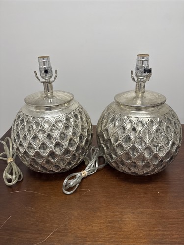 Pair of Pottery Barn Geena Etched Metal Table Lamps Silver