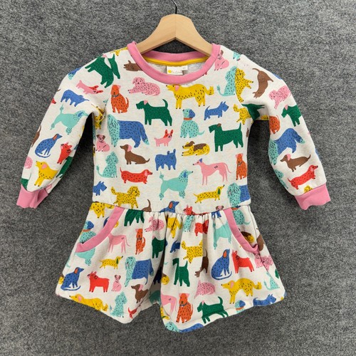 Mini Boden Dress Girls 5-6Y White Dog Print Sheath Short Long Sleeve Pockets