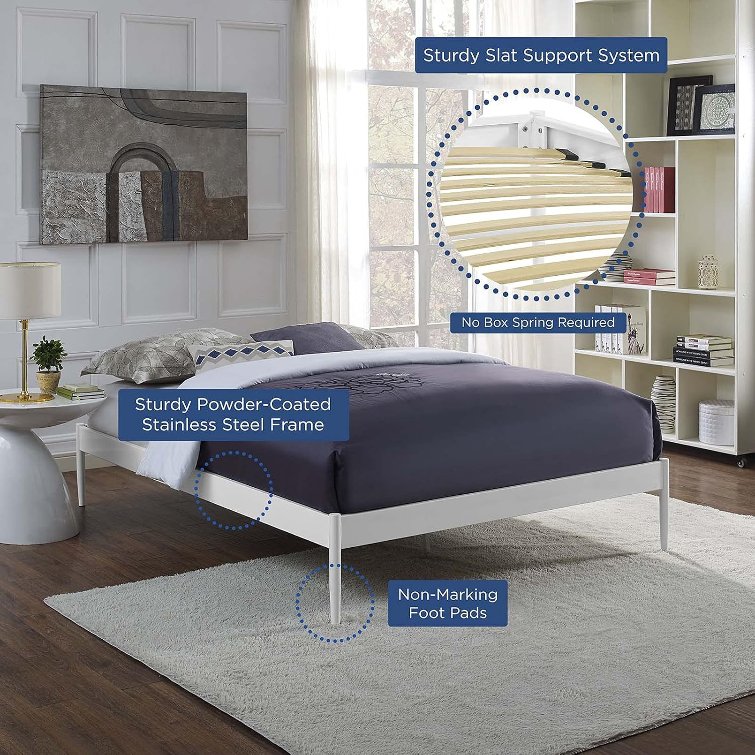 Elsie White Metal Full Platform Bed Frame with Slat Support