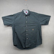 Tommy Hilfiger Mens L Plaid Button Up Short Sleeve Shirt Blue Green Classic Fit