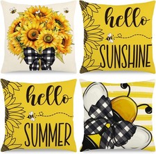 Summer Pillow Covers 18x18 Inch Sunflower Bee Throw Pillowcase Set of 4