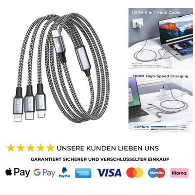 100W USB C auf Multi USB Kabel 1.2M 3in1 Ladekabel E-Mark Chip Schnellladekabel