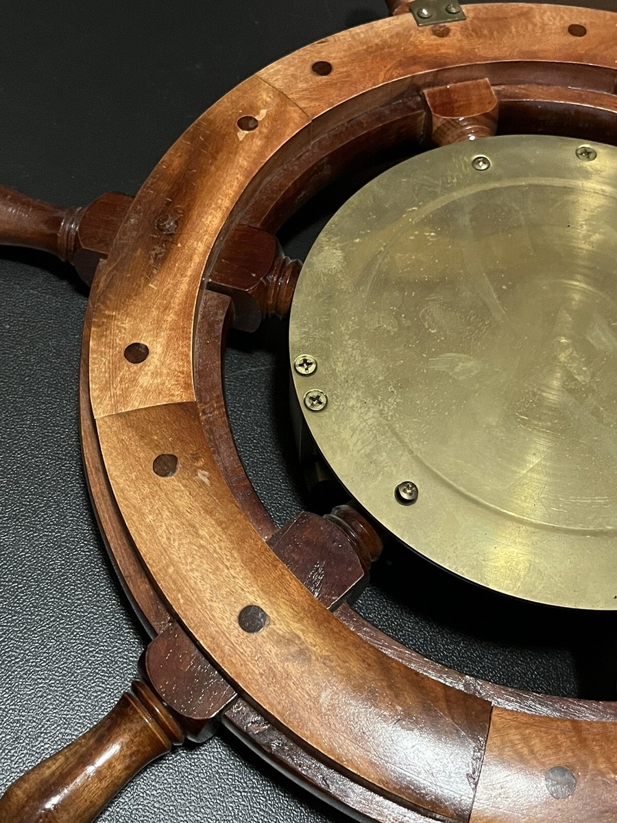 Vintage Antique Wood & Brass Porthole Ship Wheel Wall Clock Quartz