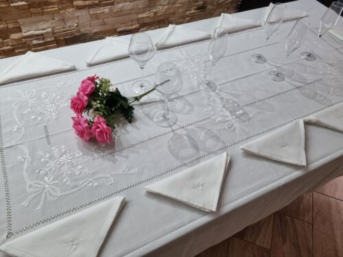 Tovaglia ricamata a mano in misto lino 12 posti gran misura 185x355 cm - Picture 4 of 12