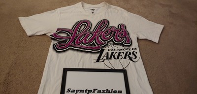white and purple lakers shirt