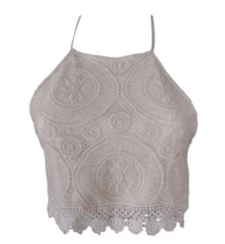 Forever 21 Crop Tank Top Woman M Beige Crochet Tie Back Halter Neck Junior Boho