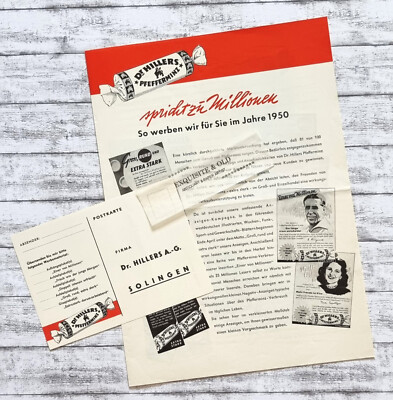 1950 Dr. Hillers Pfefferminz Faltblatt Bestellkarte Werbung Vintage Medizin alt