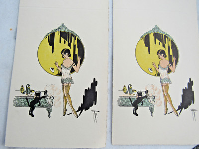 ART DECO - 2 leere Menüs signiert PX - dlg Xavier SAGER - Frau Erotik Katze schwarz