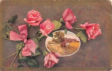 Pink Roses by Scene of Horses Pulling Farmer in Grain Field - 1910 Postcard