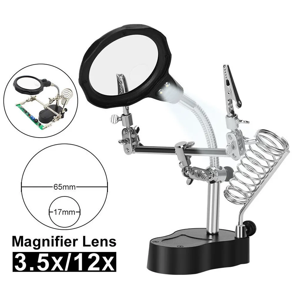 Magnifying Magnifier Glass with Light on Stand Clamp Arm Hands
