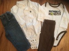 Baby Infant Boys 9mo Lot/4 Jeans Oshkosh Carters One Piece L/S White Shirt EUC