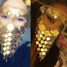 Indian Metal Gold Coins Chain Face Mask Belly Dance Metal Veil Head Jewelry