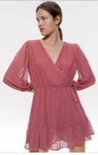 Zara Rose Pink Swiss Dot V-Neck Long Sleeve Wrap Romper Mini Dress Size XS