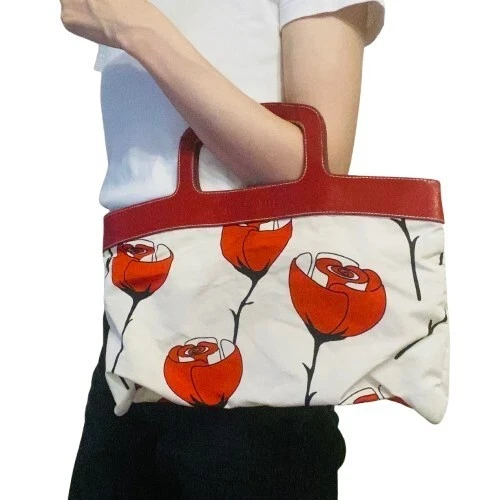 Borsa a mano MIU MIU tela floreale manico superiore bianca stampa rosa pelle rossa Italia