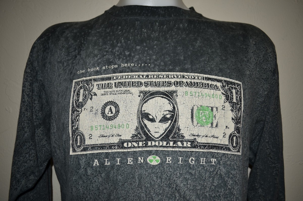 ALIEN EIGHT Acid Wash UFO NWO Dollar Bill Goth Punk Tee L ALIEN EIGHT Acid Wash UFO NWO Dollar Bill Goth Punk Tee L