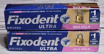 Lot Of 2 Fixodent Ultra Max Hold Denture Adhesive Cream with Food Seal 2.2 Oz