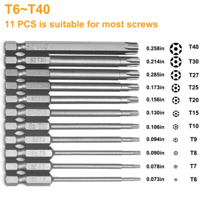T6-T40 11PCS Torx Star Head Bits  75mm Torx Security Head Screwdriver Drill Set