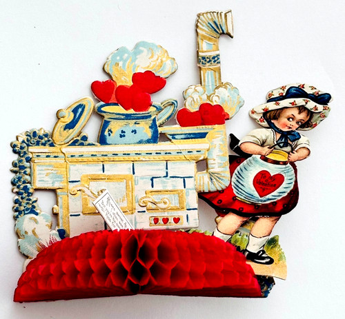 5" Germany Fold Open Tissue Paper Valentine Card - Girl & Antique Cooking Stove
