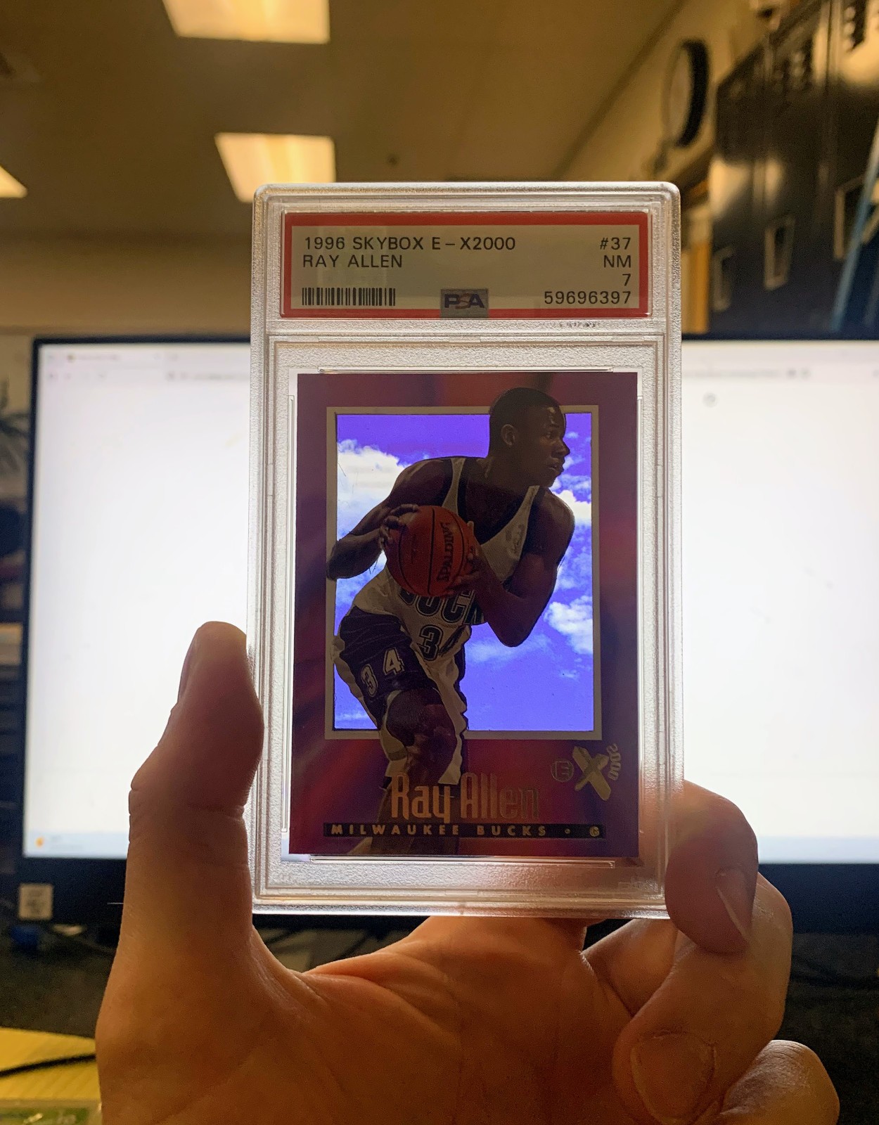PSA 7 1996 Skybox E-X2000 Ray Allen RC Rookie Card VINTAGE NBA Bucks view 3