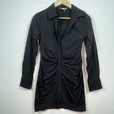 Grey Lab Ruched Mini Shirt Dress Women Small Black Long Sleeve Bodycon Chic LBD