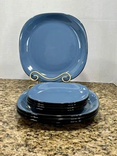 8pc Thomson Pottery Baja Blue & Black Stoneware Dinner & Salad Plates 10.5” & 8”