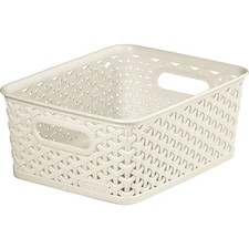 Curver Plastic Storage Basket Cream Rattan Effect Medium Rectangular Tub Box