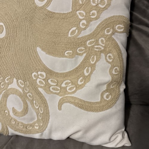 Linen Octopus Embroidered Pillow Coastal Nautical 18” Home Decor - Picture 4 of 11