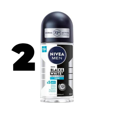 2x NIVEA MEN Black & White Invisible Fresh Anti-Perspirant Roll-On 50ml 72 H