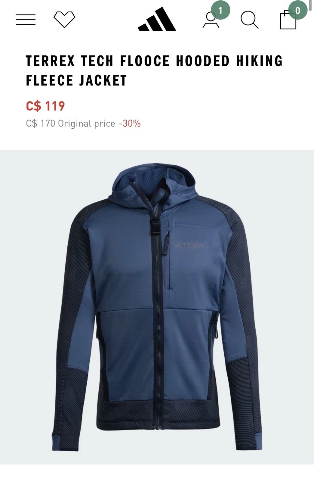 Adidas Terrex Tech Flooce Hooded Fleece Jacket-M-Full Zip-NWOT-MSRP $125-Unworn