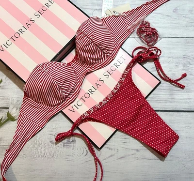 Contre Frankies Bikinis - Clairo sans Bretelle Set de Bain A Pois Rouges Rayure - Photo 1/4