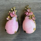 WOW! Vintage Miriam Haskell Pink Glass Gold Tone Rhinestone Clip Earrings Signed