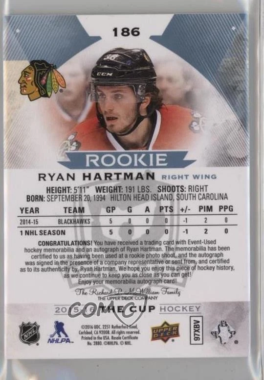 2015-16 Upper Deck The Cup /249 Ryan Hartman #186 RPA Rookie Patch Auto RC - Image 2 of 2